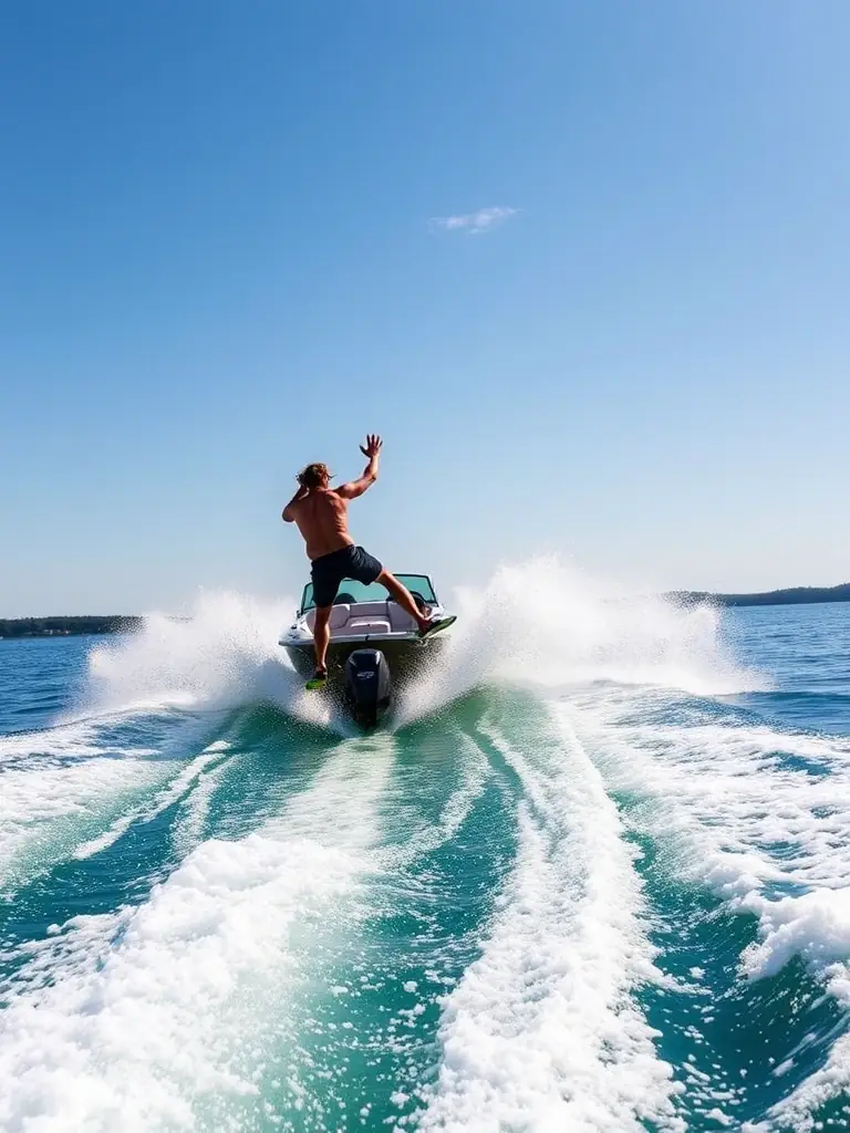 A person skillfully wakeboarding behind a boat on Cold Spring Harbor, demonstrating the excitement and skill involved in water sports offered by HarborAdventures.