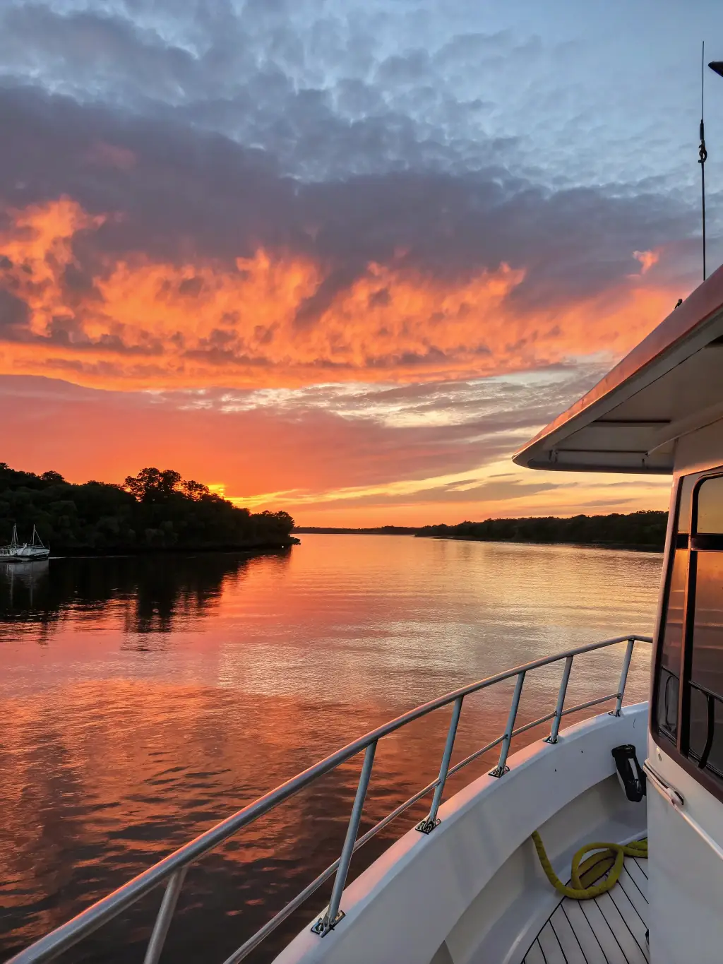 A serene sunset over Oyster Bay, with a boat gently cruising, silhouetting passengers enjoying a peaceful sunset ride with HarborAdventures.